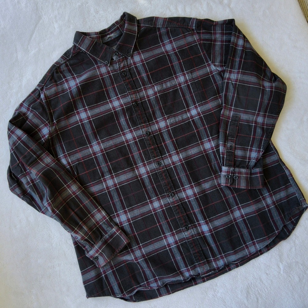 Eddie Bauer Flannel Button Down Shirt Mens 2XL Charcoal Grey Plaid Relaxed Fit